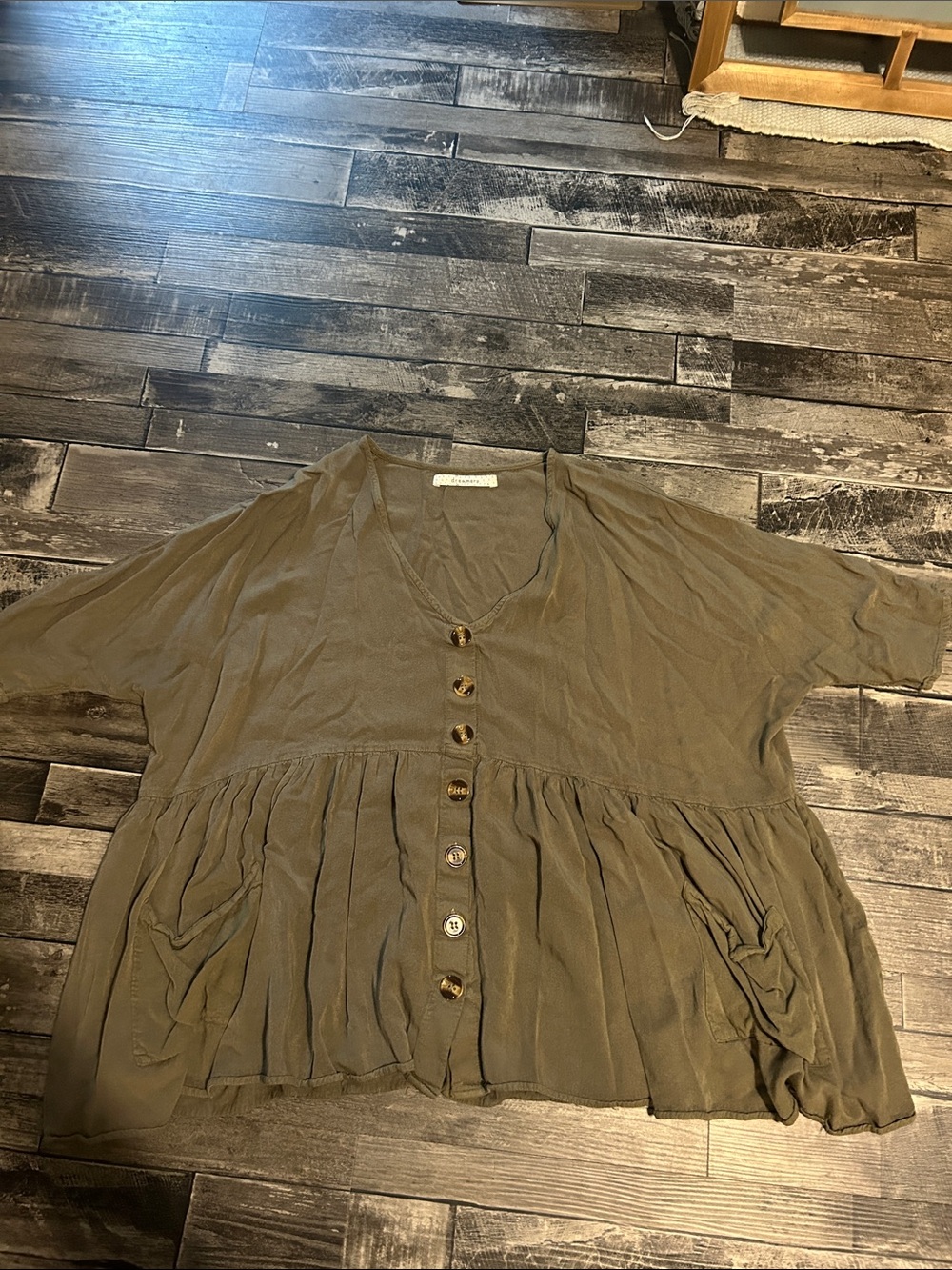 Dreamers Olive Green Button-Front Peplum Blouse
